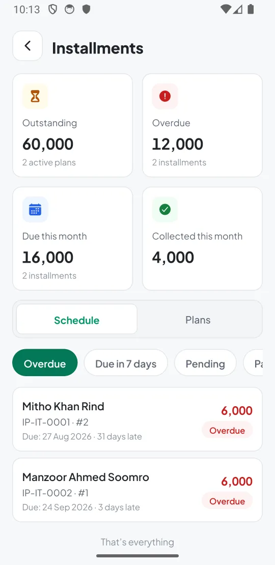 Installments with overdue alerts