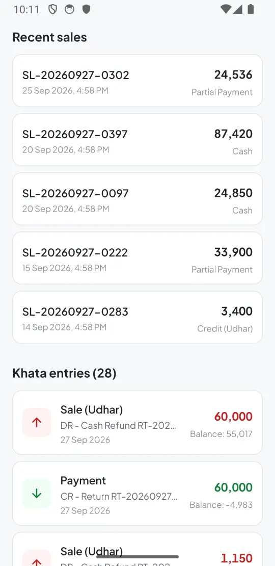 Customer's recent sales and khata entries